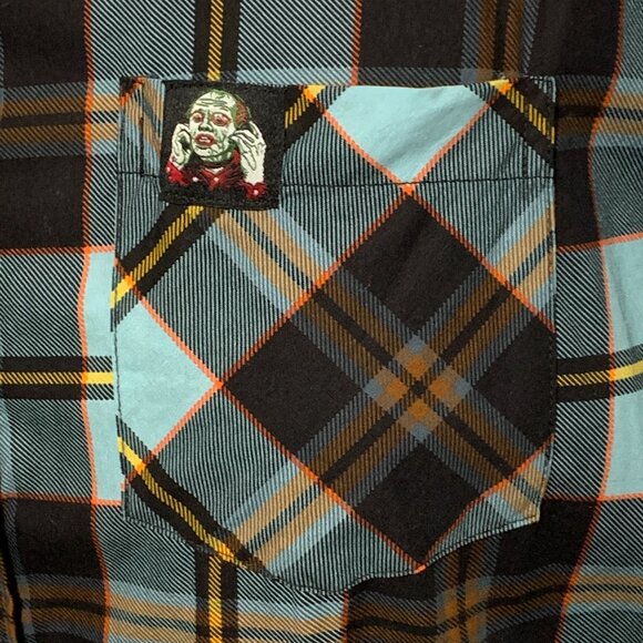 Middle Of Beyond Button Down Shirt Day Of The Dead MOB Plaid Zombie Blue Mens XL - Picture 2 of 5